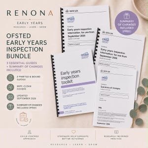 May include: A Renona Early Years inspection bundle featuring three printed and bound guides with wipe-clean covers. The documents include an Early Years inspection toolkit and Ofsted guidance information for September 2026, plus a summary of changes.