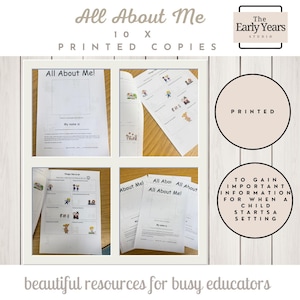 May include: A set of printed "All About Me" worksheets, ideal for educational purposes. The image displays several pages with fill-in sections and illustrations. Text includes "My name is" and "Things I like to do". The Early Years Studio logo is visible.
