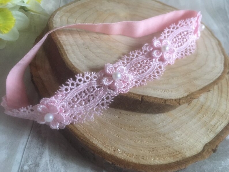 Hannah Baby Lace Christening Headband pink Lace Flower Baptism Wedding Headband Newborn Christening Headband Photoprop