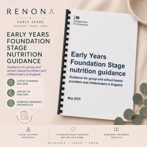 May include: A white spiral-bound document titled Early Years Foundation Stage nutrition guidance, featuring the Department for Education logo. The cover text specifies guidance for group and school-based providers and childminders in England, May 2025.