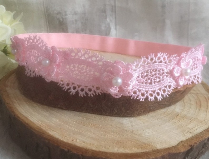 Hannah Baby Lace Christening Headband pink Lace Flower Baptism Wedding Headband Newborn Christening Headband Photoprop