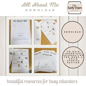 May include: A set of "All About Me" worksheets for early years education, featuring fill-in sections and illustrations. The image includes the text "DOWNLOAD" and the logo for "The Early Years Studio". The worksheets are designed for children.