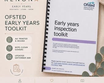 May include: A spiral-bound A4 printed toolkit titled Early years inspection toolkit with a white cover, black text, and purple accents. The document includes Ofsted branding, information on wipe-clean covers, and an update date of September 2026.