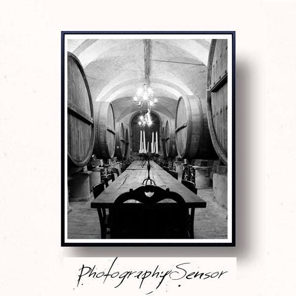 Black and White Photography, Photo of Wine Cellar, Wine Barrels, Wine Cellar, Photo of Wine Barrels, Cellar Poster,  Download,