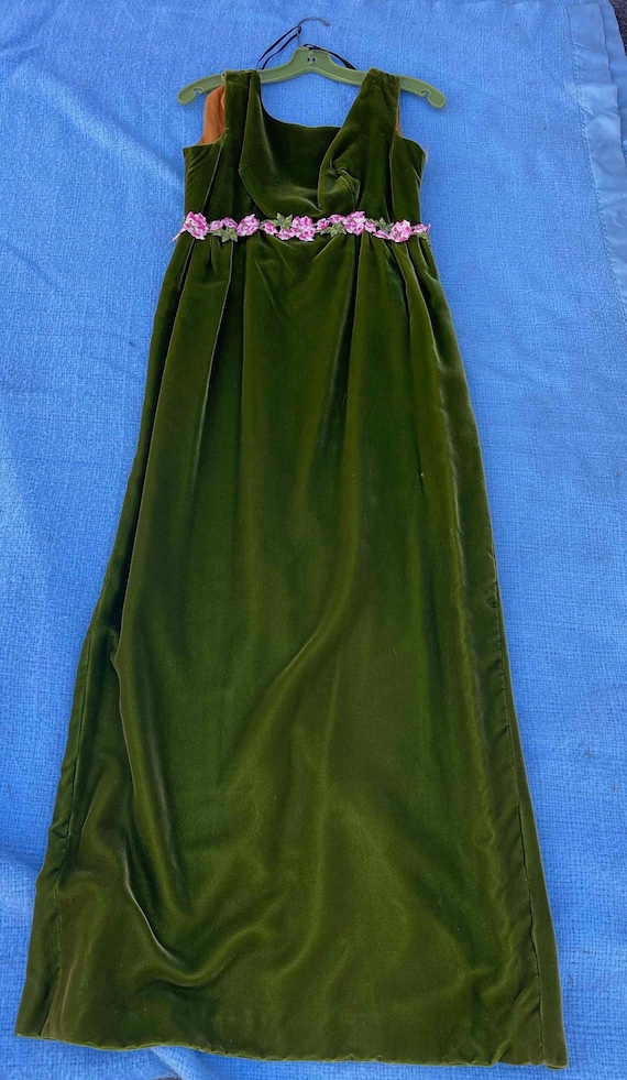 1970's Dress Green Velvet High Waist Gown with Flo