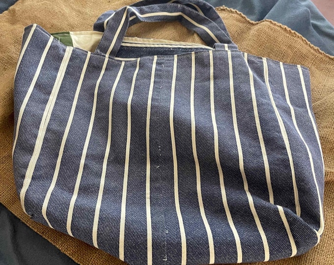 Blue with White Vertical Stripes Canvas Tote Bag / Lined