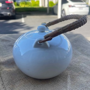 Teapot Bamboo Handle Japan Mina Ware and White Round