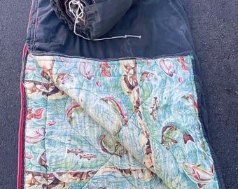 Vintage Sportsman Dark Green Hunting and Fishing Trout Cotton Sleeping Bag 33X81