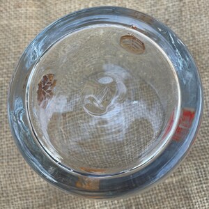 May include: A clear glass bowl with a wide rim, viewed from above. The bowl has a slight blue tint and features subtle leaf-like designs on the interior. The glass appears to be smooth and reflective, with a circular shape.