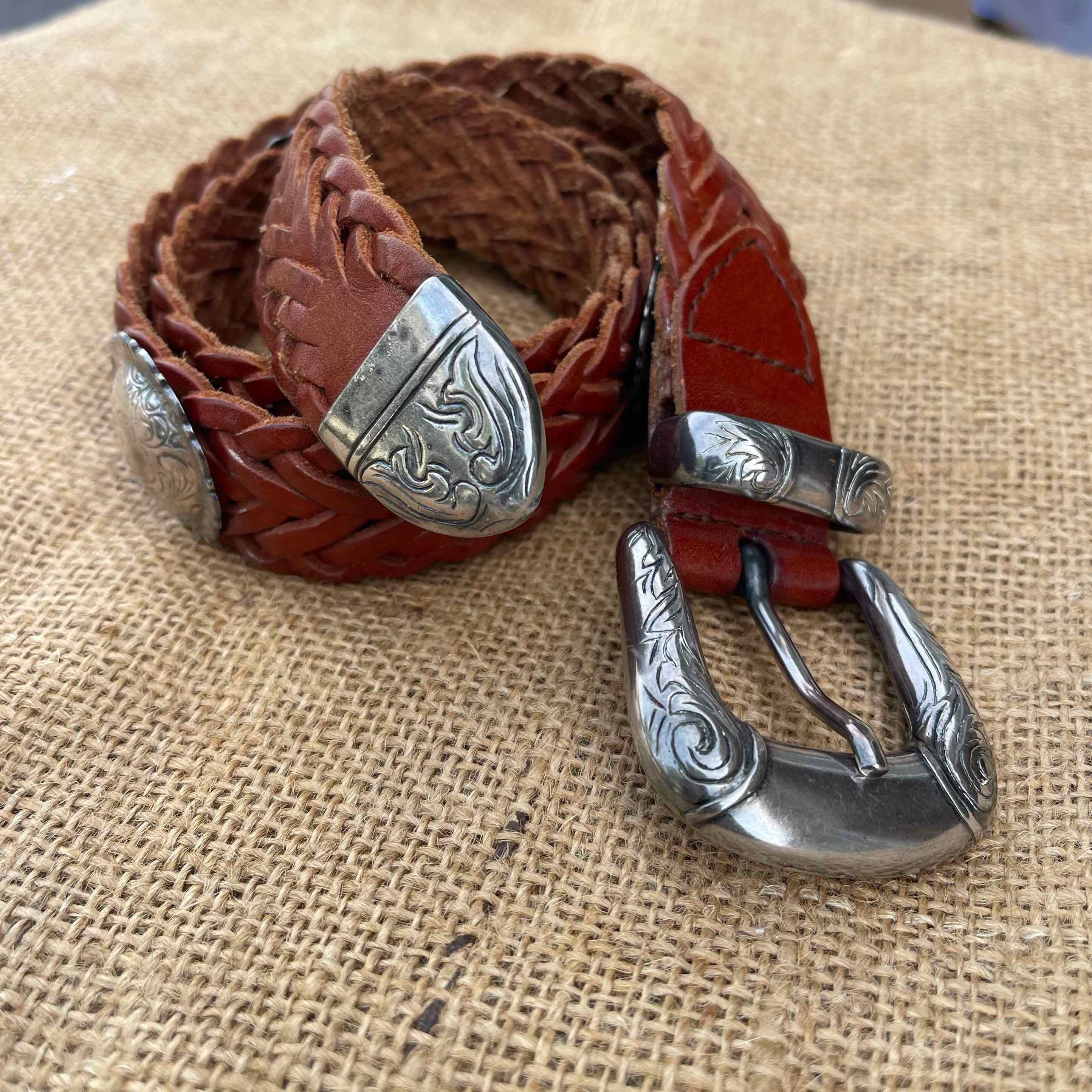 Vintage Black Braided Belt Copper Concho Statement Buckle Adjustable One Size Vintage western-style concho belt featuring multiple oval  main image 3