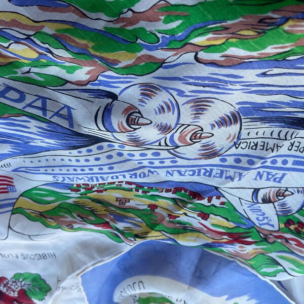 Vintage hecho a mano bufanda de seda de recuerdo / mapa de pañuelo de Hawaii Islas hawaianas 1950 - hacer una gran almohada. 34" X 34"