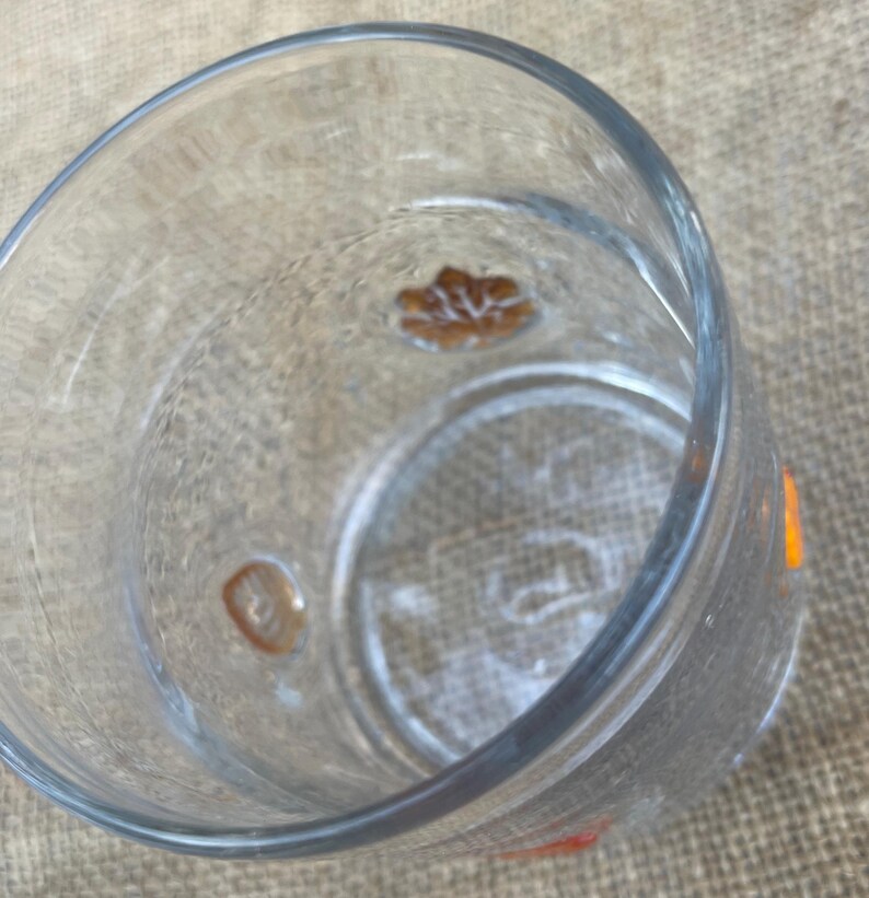 May include: Clear glass drinking glass with a textured surface. The glass has a decorative brown floral design on the bottom and a small orange accent on the side. The glass is empty.
