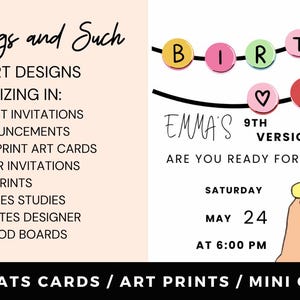 May include: A banner featuring watercolor swimwear, event invitations, and art prints. The text "Molly's Things and Such" is displayed, along with "Emma's 8th Version" birthday invitation. The banner also includes a black and white photo of a person on the beach.