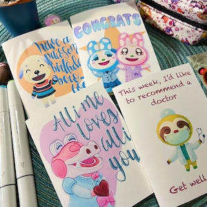 Cardstock Animal Crossing ACNH Gayle Daisy Leif Francine Chrissy Aniversário Amor Fique Bem Parabéns cartão postal ilustração