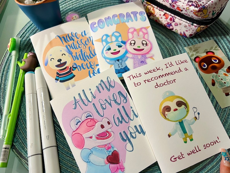 Cartulina Animal Crossing ACNH Gayle Daisy Leif Francine Chrissy Cumpleaños Amor Ponte Bien Felicidades tarjeta de felicitación ilustración de postal imagen 1