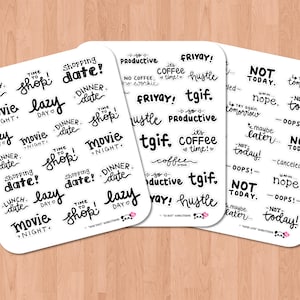 Pacote de adesivos com letras manuais (3 folhas) - Bons tempos, tão ocupado, talvez mais tarde