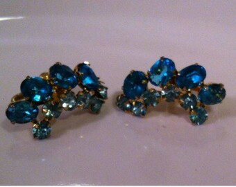 Goldtone Screw Back Earrings - Blue Rhinestones Circa 1950's