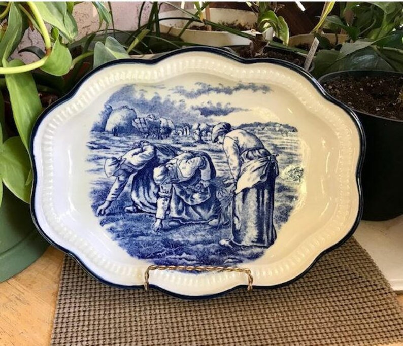 Japanese Ceramic Serving Platter Farm Workers Scene
