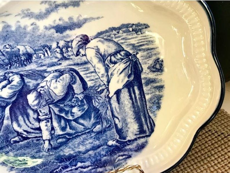 Japanese Ceramic Serving Platter Farm Workers Scene