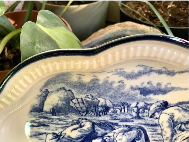 Japanese Ceramic Serving Platter Farm Workers Scene
