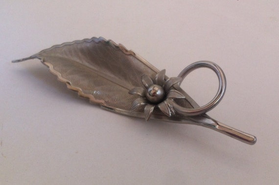 Vintage Pewter Brooch - Leaf with Flower and Ring - image 1