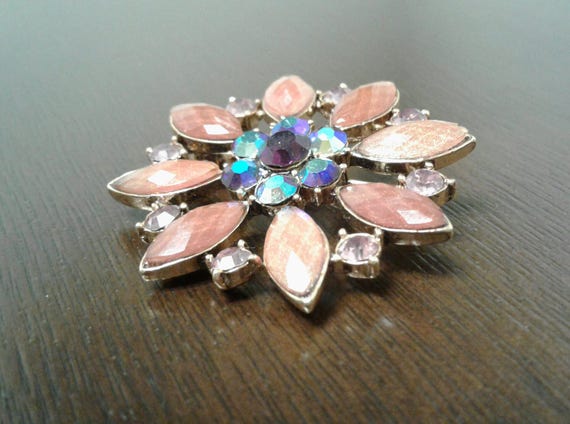 Starburst Goldtone Brooch - Aurora Borealis/Pink … - image 3