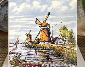 Delfts Ceramic Tile - Hand-painted Windmill Farm Scene
