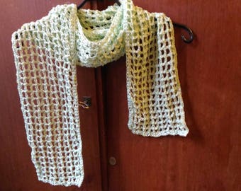 Openwork crocheted pale green dots scarf