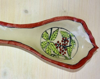 Spoon Rest With Flower Painting ,Gift for her, Ceramic Hand Painted Spoon Rest, Designed Spoon Rest, Spoon Holder, READY TO SHIP