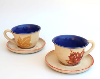 Handmade Stoneware Tea Cup Saucer Set of 2: Autumn Leaves Rustic Coffee Mug