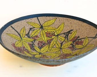 Ceramic Ochre Fruit Bowl: Hand Painted Large Botanical Centerpiece