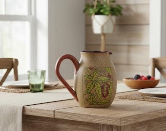 Handmade Stoneware Water Pitcher: Rustic Hand Painted Floral Botanical Jug