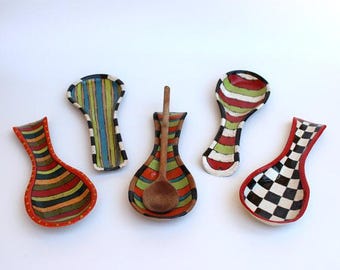 Geometric Stripes Hand Painted Stoneware Spoon Rest: 10 Inch Long Kitchen Decor