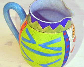 Hand Painted Colorful Ceramic Pitcher: Folk Art Stoneware Water Carafe