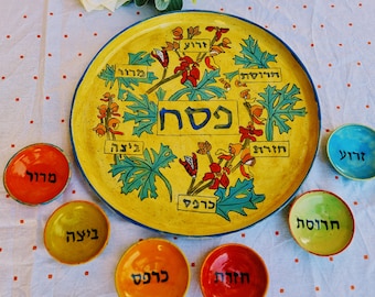 Passover Seder Plate and Bowls Set: Hand-Painted Floral Glazed Ceramic Judaica Wedding Gift