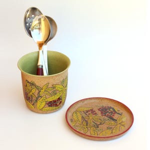 Leaves and Bunch Cutlery Drainer, Hand Painted Utensil Crock, Ready to Ship
