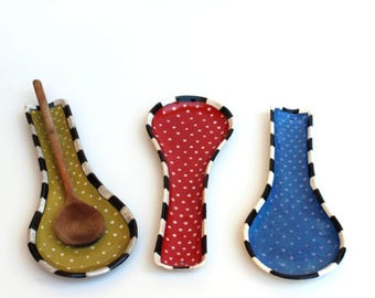 Hand Painted Ceramic Spoon Rest: Polka Dots Stovetop Spoon Holder Kitchen Decor