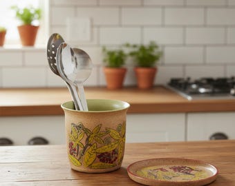 Hand-Painted Ochre Stoneware Utensil Crock: Rustic Spoon Holder with Saucer