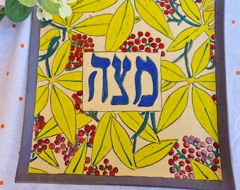 Floral Ceramic Matzah Plate: Hand Painted Hebrew Seder Tray