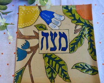 Passover Ceramic Matzah Plate: Hand-Painted Floral Judaica Tray, Ready to Ship