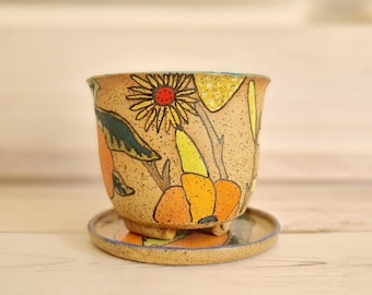 Floral Stoneware Utensil Holder: Hand-Painted Cutlery Drainer with Saucer