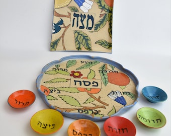 Passover Ceramic Seder Plate Set: Hand Painted Floral Judaica Gift