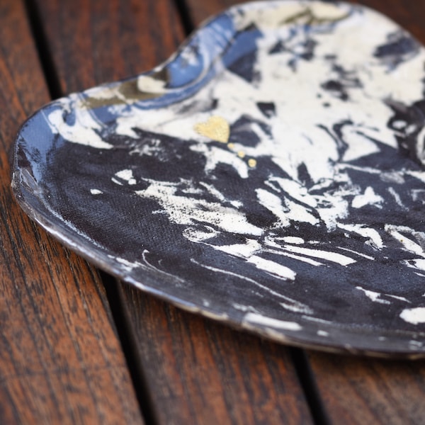 Black And White Heart Plate , Ceramic Handmade, READY TO SHIP