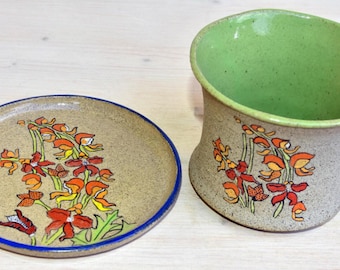 Gray Stoneware Utensil Holder: Hand Painted Floral Cutlery Drainer Kitchen Organizer