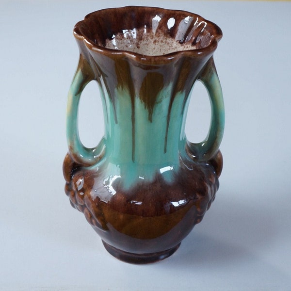 Lovely handled vase, possibly Fohr Germany 7/17. WGP. Vintage West German pottery. 1940s / 1950s Laufglasur = dripping glaze, turquoise green