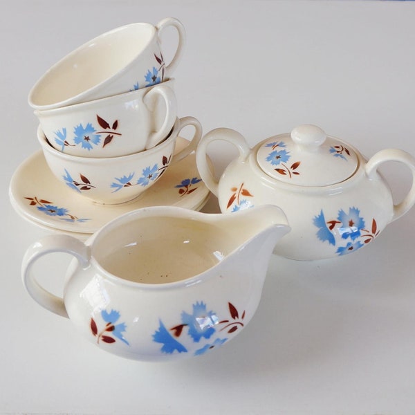 Tea service set cornflowers Colditz Germany, decor 1095. Vintage pottery: sugar bowl, creamer, 3 cups + saucers. Airbrush decor / Spritzdekor