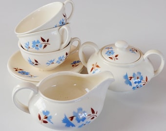 Tea service set cornflowers Colditz Germany, decor 1095. Vintage pottery: sugar bowl, creamer, 3 cups + saucers. Airbrush decor / Spritzdekor