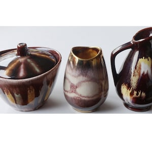 Vintage collection 1950 s drip glaze pitcher 3027 -12, vase 555 and lidded bowl 42 Jasba / Bay Germany. West German Pottery. Mid-century set