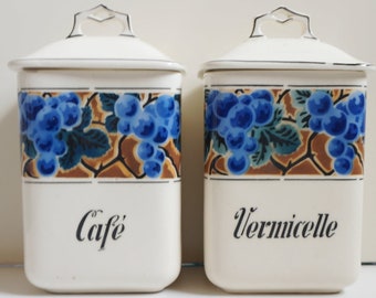 Set of art deco ceramic canisters / containers. Bihl Czechoslovakia Hella / France 1930s. Grapes airbrush decor / Spritzdekor. Vintage pottery