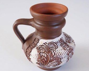 Handled hand-carved sgraffito vase. Klinker style pitcher possibly Otto Keramik West Germany. Felt underneath. Vintage German Pottery 1960s